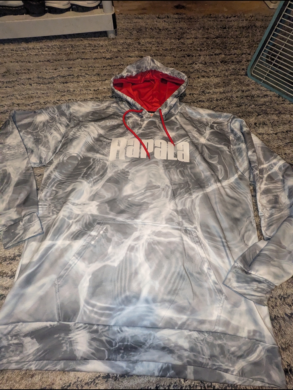 Gray Marble-Print Hoodie with Red Lining and Drawcords